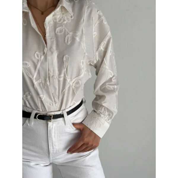 Nakışlı Uzun Kollu Gömlek - Beyaz