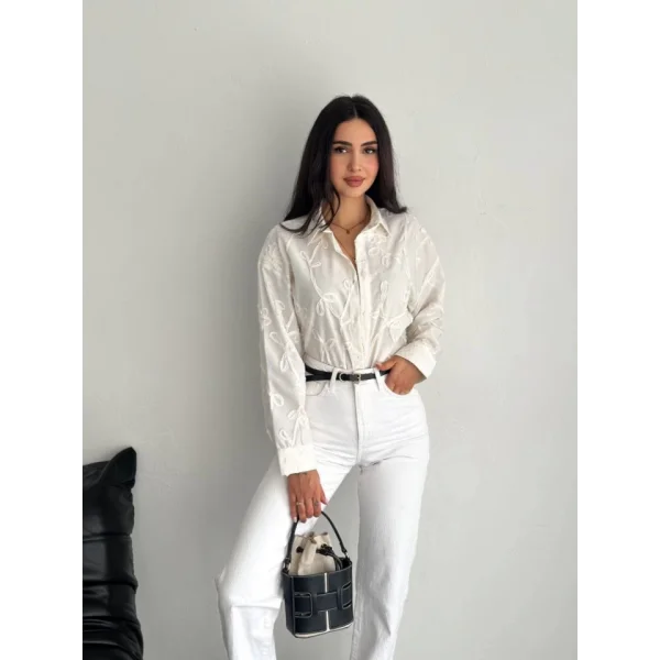 Nakışlı Uzun Kollu Gömlek - Beyaz