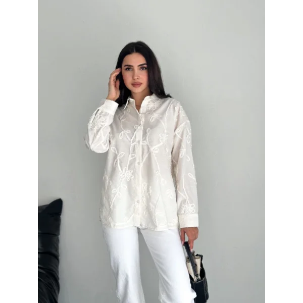 Nakışlı Uzun Kollu Gömlek - Beyaz