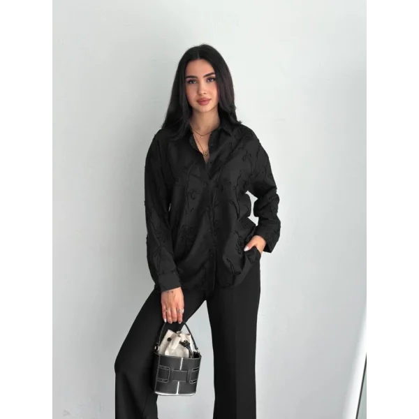 Nakışlı Uzun Kollu Gömlek - Siyah