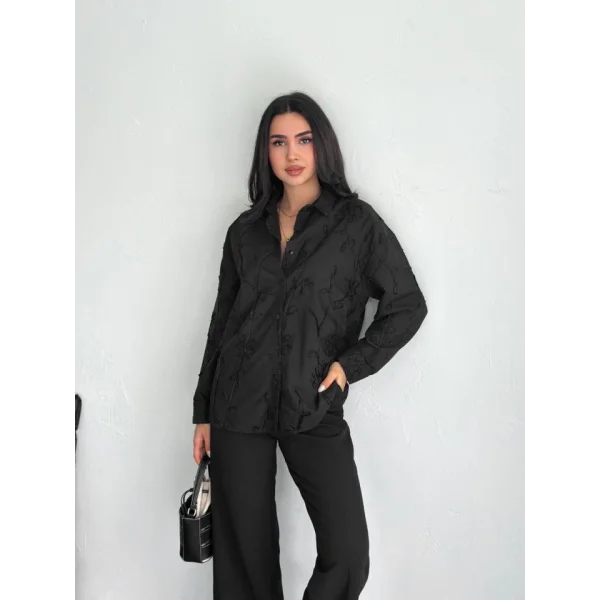 Nakışlı Uzun Kollu Gömlek - Siyah