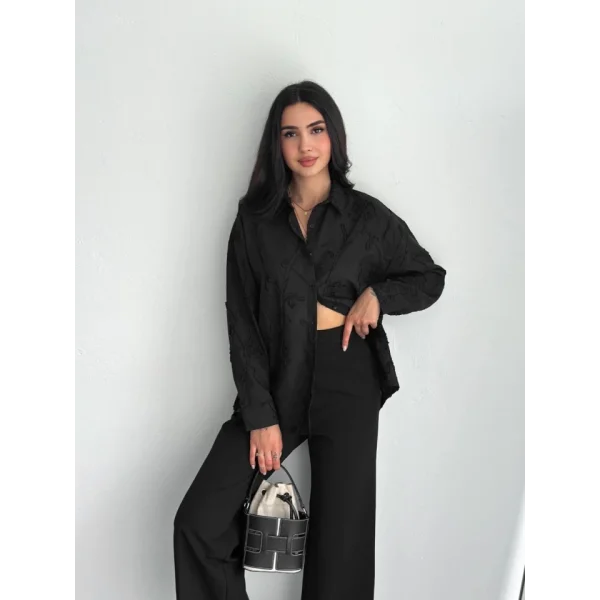 Nakışlı Uzun Kollu Gömlek - Siyah