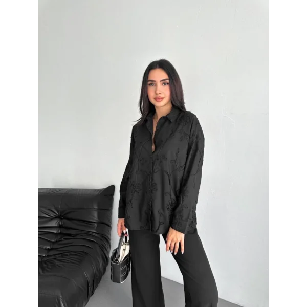 Nakışlı Uzun Kollu Gömlek - Siyah