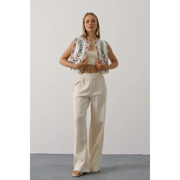 Nakışlı Yelek Pantolon Takım - Natür
