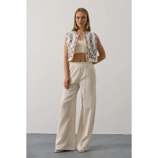 Nakışlı Yelek Pantolon Takım - Natür
