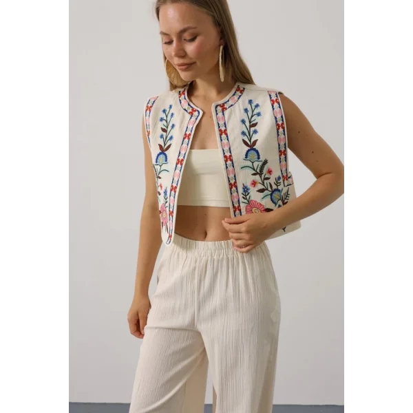 Nakışlı Yelek Pantolon Takım - Natür