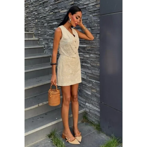 Nakışlı Yelek Şort Etekli Keten Takım 10226-08