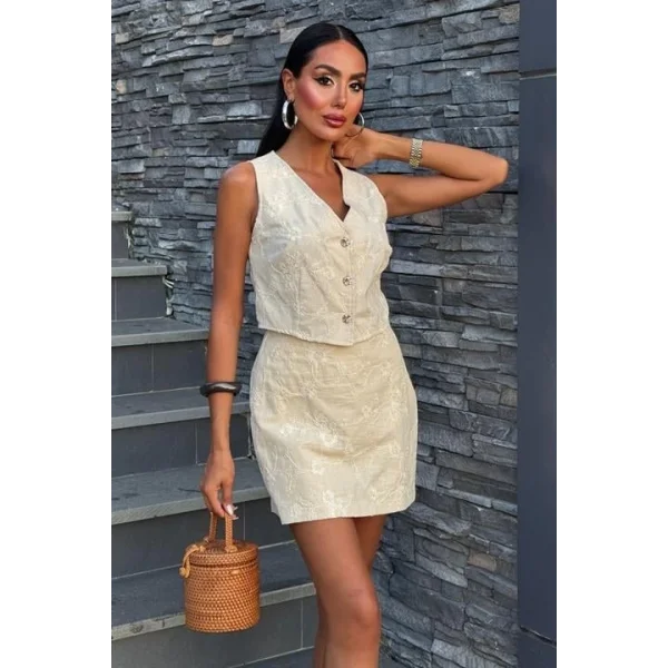 Nakışlı Yelek Şort Etekli Keten Takım 10226-08