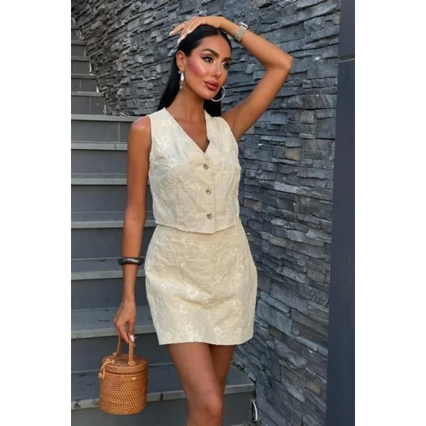 Nakışlı Yelek Şort Etekli Keten Takım 10226-08