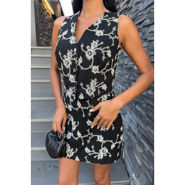 Nakışlı Yelek Şort Etekli Keten Takım 10226-08