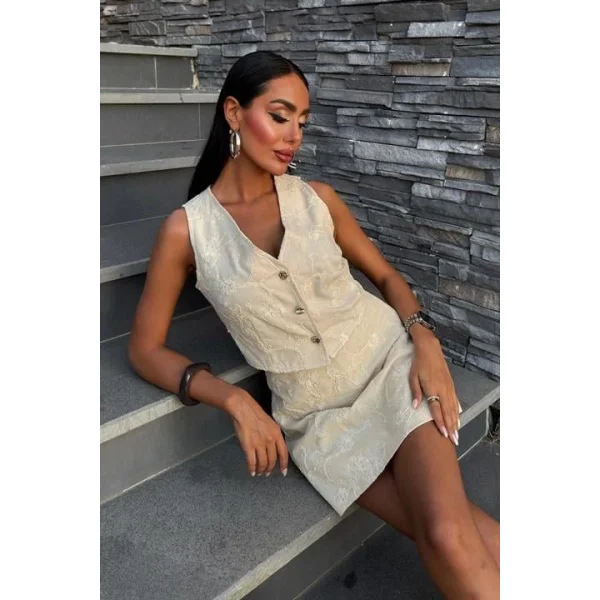 Nakışlı Yelek Şort Etekli Keten Takım 10226-08