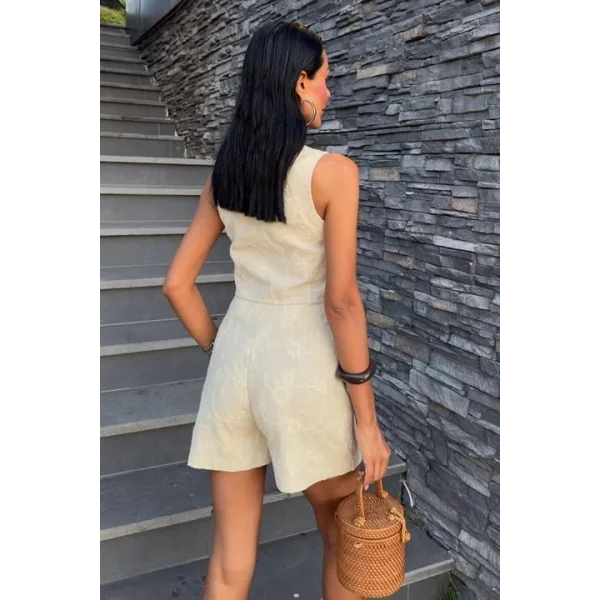 Nakışlı Yelek Şort Etekli Keten Takım 10226-08