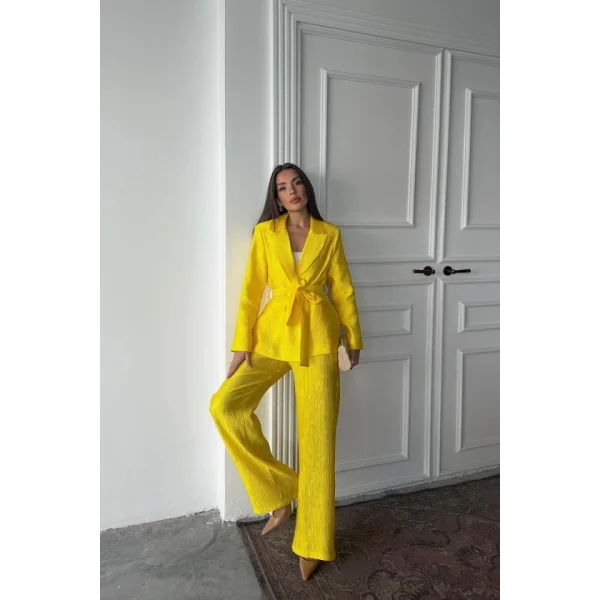 Neon Beli Kuşaklı Ceket Ve Pantolon Parlak Takım