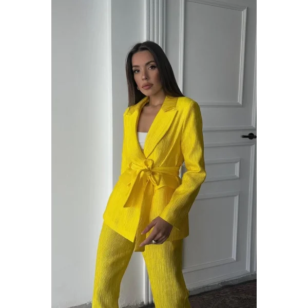 Neon Beli Kuşaklı Ceket Ve Pantolon Parlak Takım