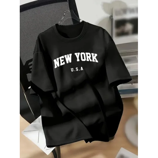 New York Baskılı Oversize Bisiklet Yaka T-shirt - Siyah