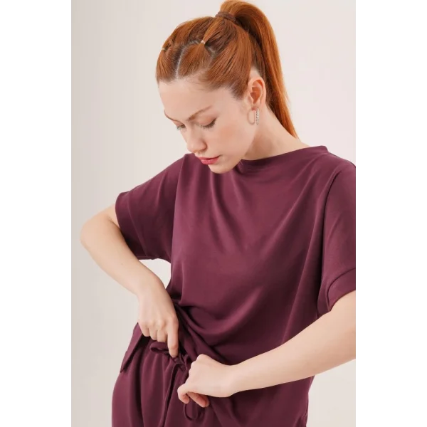 odal Kısa Kollu Üst Ve Geniş Paça Eşofman İkili Bordo Takım