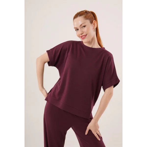 odal Kısa Kollu Üst Ve Geniş Paça Eşofman İkili Bordo Takım