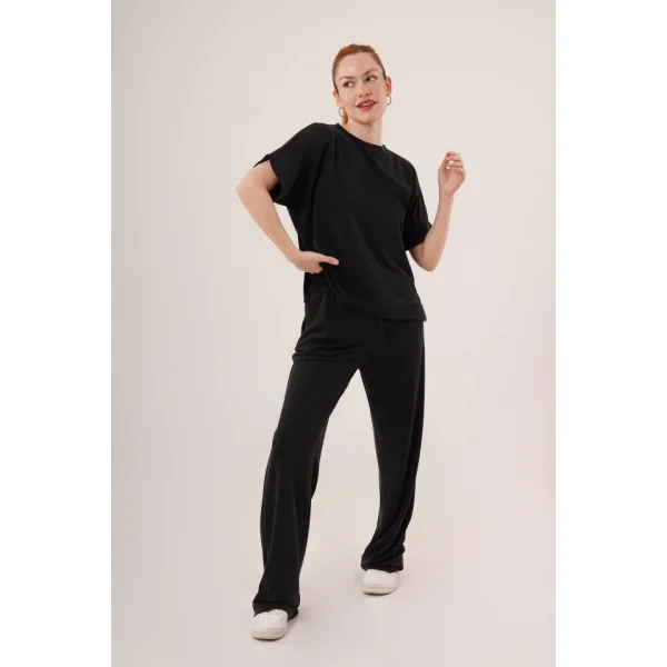 odal Kısa Kollu Üst Ve Geniş Paça Eşofman İkili iyah Takım