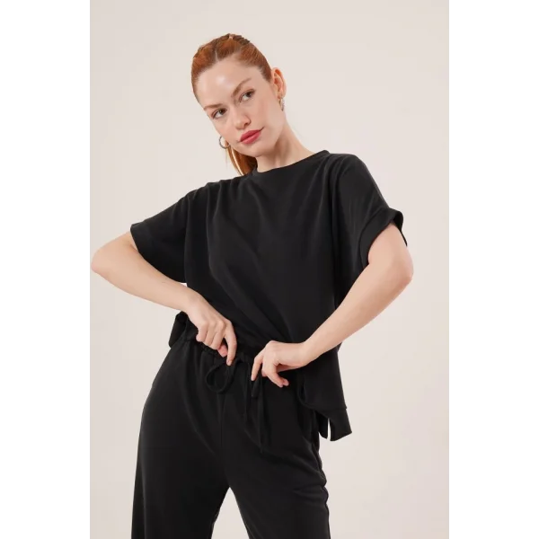 odal Kısa Kollu Üst Ve Geniş Paça Eşofman İkili iyah Takım