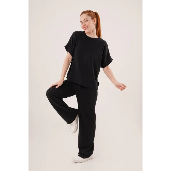 odal Kısa Kollu Üst Ve Geniş Paça Eşofman İkili iyah Takım