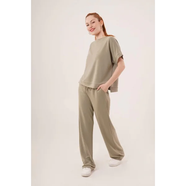 odal Kısa Kollu Üst Ve Geniş Paça Eşofman İkili Yağ Yeşili Takım