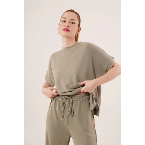 odal Kısa Kollu Üst Ve Geniş Paça Eşofman İkili Yağ Yeşili Takım