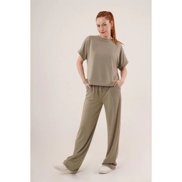 odal Kısa Kollu Üst Ve Geniş Paça Eşofman İkili Yağ Yeşili Takım