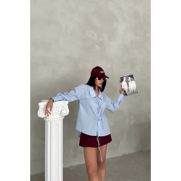 OKUL YAKA POPLİN GÖMLEK İP BAĞLAMA DETAYLI - Bebe Mavi