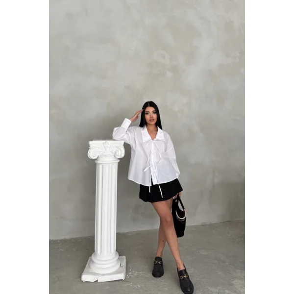 OKUL YAKA POPLİN GÖMLEK İP BAĞLAMA DETAYLI - Beyaz