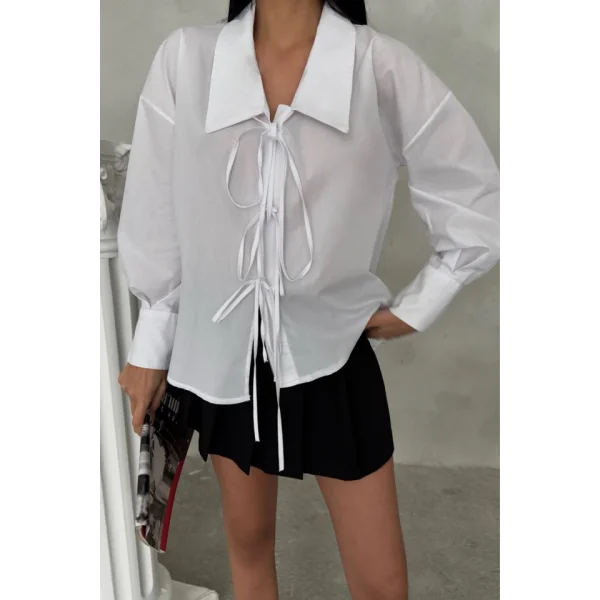OKUL YAKA POPLİN GÖMLEK İP BAĞLAMA DETAYLI - Beyaz