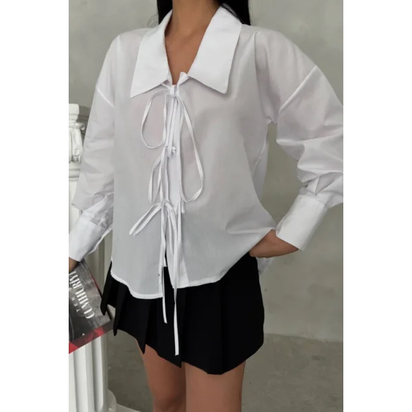 OKUL YAKA POPLİN GÖMLEK İP BAĞLAMA DETAYLI - Beyaz