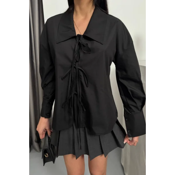 OKUL YAKA POPLİN GÖMLEK İP BAĞLAMA DETAYLI - Siyah