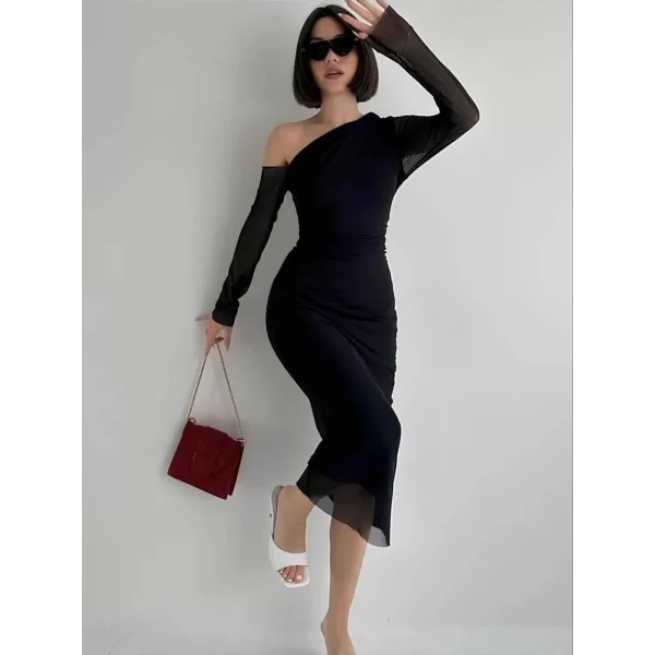 Omuz asimetrik Detaylı Uzun Şifon Elbise - Siyah