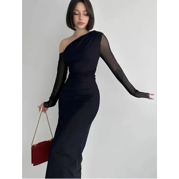 Omuz asimetrik Detaylı Uzun Şifon Elbise - Siyah