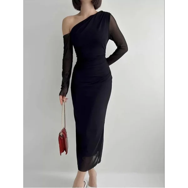 Omuz asimetrik Detaylı Uzun Şifon Elbise - Siyah