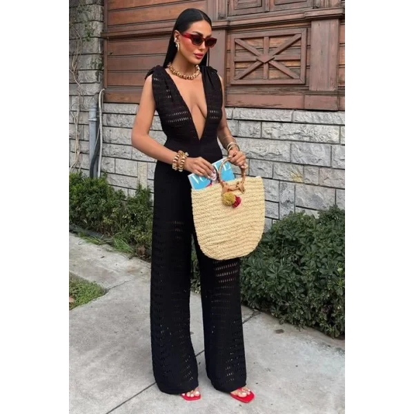 Omuz Büzgülü Ajurlu Triko Tulum 2872