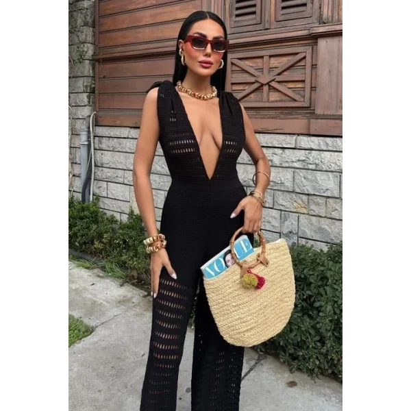 Omuz Büzgülü Ajurlu Triko Tulum 2872