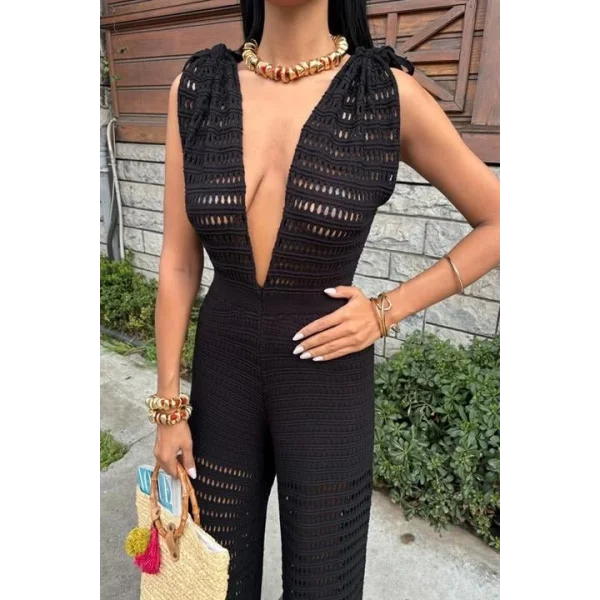 Omuz Büzgülü Ajurlu Triko Tulum 2872