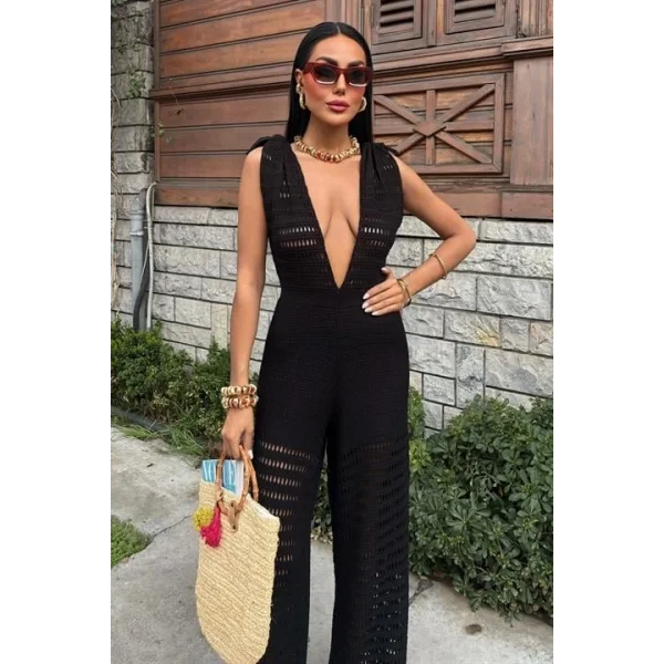 Omuz Büzgülü Ajurlu Triko Tulum 2872