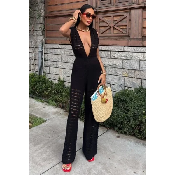 Omuz Büzgülü Ajurlu Triko Tulum 2872