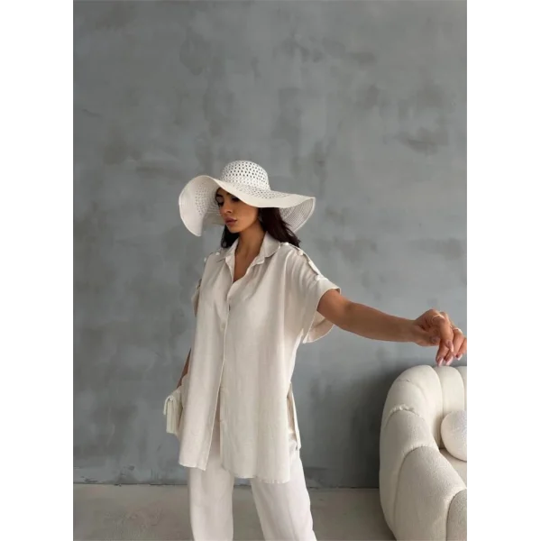 OMUZ MİDYE SIRALI BLUZ - PAÇA PENSLİ PANTOLON TAKIM - Ham