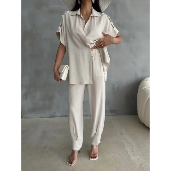 OMUZ MİDYE SIRALI BLUZ - PAÇA PENSLİ PANTOLON TAKIM - Ham