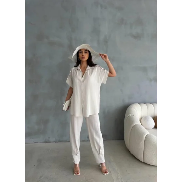 OMUZ MİDYE SIRALI BLUZ - PAÇA PENSLİ PANTOLON TAKIM - Ham