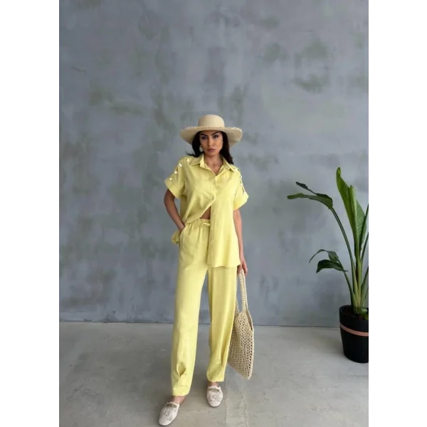 OMUZ MİDYE SIRALI BLUZ - PAÇA PENSLİ PANTOLON TAKIM - Sarı