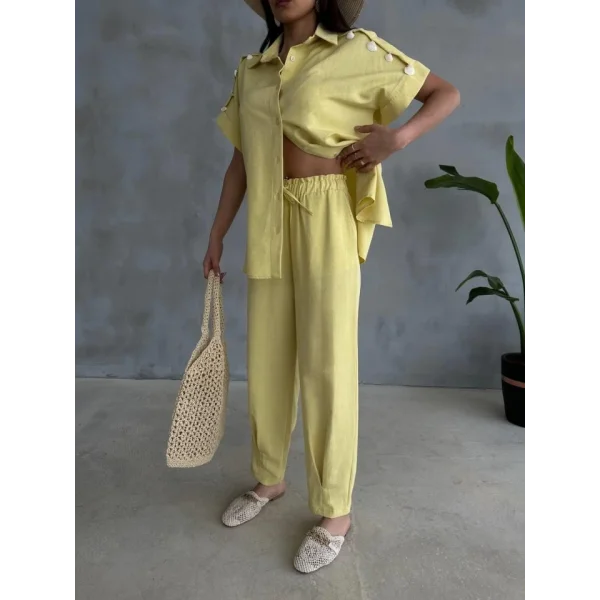 OMUZ MİDYE SIRALI BLUZ - PAÇA PENSLİ PANTOLON TAKIM - Sarı