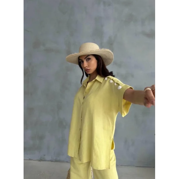 OMUZ MİDYE SIRALI BLUZ - PAÇA PENSLİ PANTOLON TAKIM - Sarı