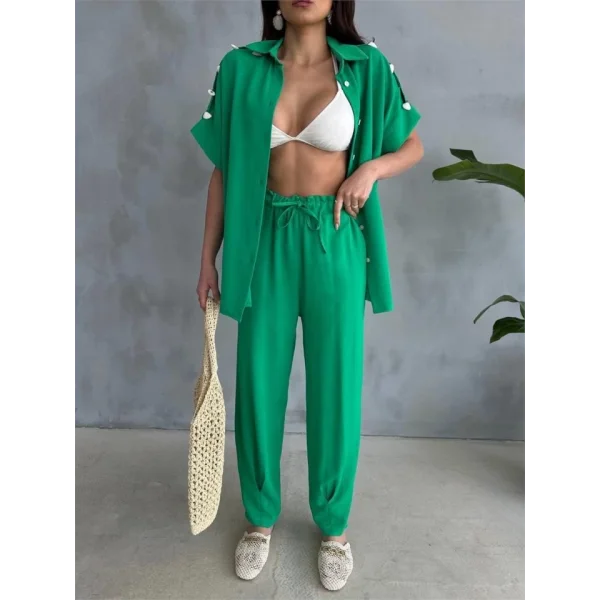 OMUZ MİDYE SIRALI BLUZ - PAÇA PENSLİ PANTOLON TAKIM - Yeşil