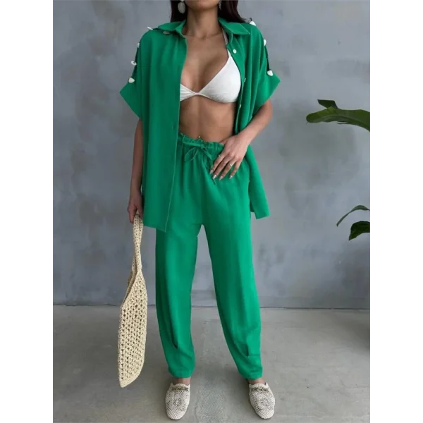 OMUZ MİDYE SIRALI BLUZ - PAÇA PENSLİ PANTOLON TAKIM - Yeşil