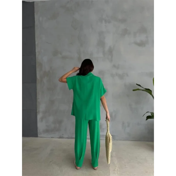 OMUZ MİDYE SIRALI BLUZ - PAÇA PENSLİ PANTOLON TAKIM - Yeşil
