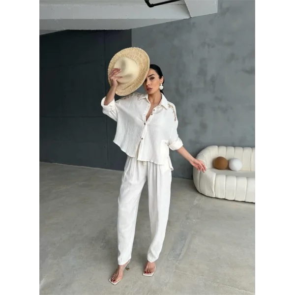 OMUZ SAÇAK DENİZ KABUĞU GÖMLEK - PANTOLON TAKIM - Ekru